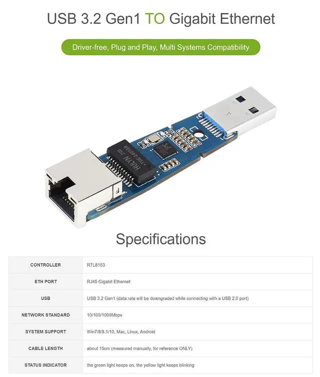 Alt view image 3 of 7 - USB 3.2 Gen 1 to Gigabit Ethernet Converter, USB to Ethernet Adapter with 10/100/1000Mbps Network Standard, RTL8153 Controller, Support Win10/8.1/8/7/Mac/Linux/Android, Driver Free, Plug and Play