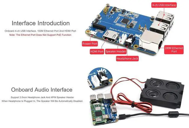 Alt view image 5 of 7 - Pi Zero 2 W to Raspberry Pi 3 Model B/B+ Adapter, Alternative for Raspberry Pi 3 Model B/B+, Onboard 4-CH USB Port, 100M Ethernet Port, HDMI Port, USB Audio Headphone Port etc.