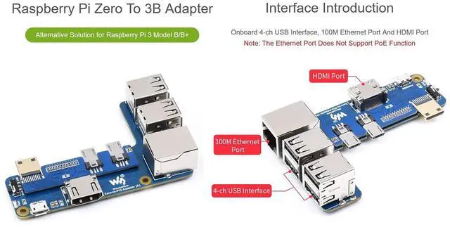 Alt view image 3 of 7 - Pi Zero to Raspberry Pi 3 Model B/B+ Adapter, Onboard 4-CH USB Interface, 100M Ethernet Port and HDMI Port, Alternative for Raspberry Pi 3B/B+, Support Pi Zero and Zero 2W