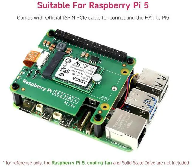 Alt view image 3 of 7 - Official Pi PCIe to M.2 HAT for Raspberry Pi 5, HAT + Standard, Supports NVMe Protocol M.2 Solid State Drive 2230/2242 High-Speed Reading/Writing