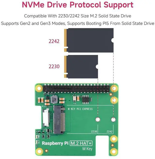 Alt view image 4 of 7 - Official Pi PCIe to M.2 HAT for Raspberry Pi 5, HAT + Standard, Supports NVMe Protocol M.2 Solid State Drive 2230/2242 High-Speed Reading/Writing