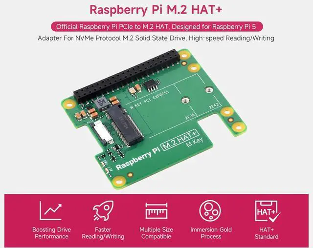 Alt view image 2 of 7 - Official Pi PCIe to M.2 HAT for Raspberry Pi 5, HAT + Standard, Supports NVMe Protocol M.2 Solid State Drive 2230/2242 High-Speed Reading/Writing