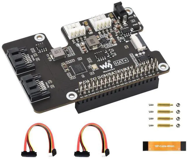 Main image of PCIe to 2-CH SATA Adapter Compatible with Raspberry Pi 5,SATA 3.0, Onboard Dual LED Indicators and EEPROM, HAT + Standard, Driver-Free, Plug and Play