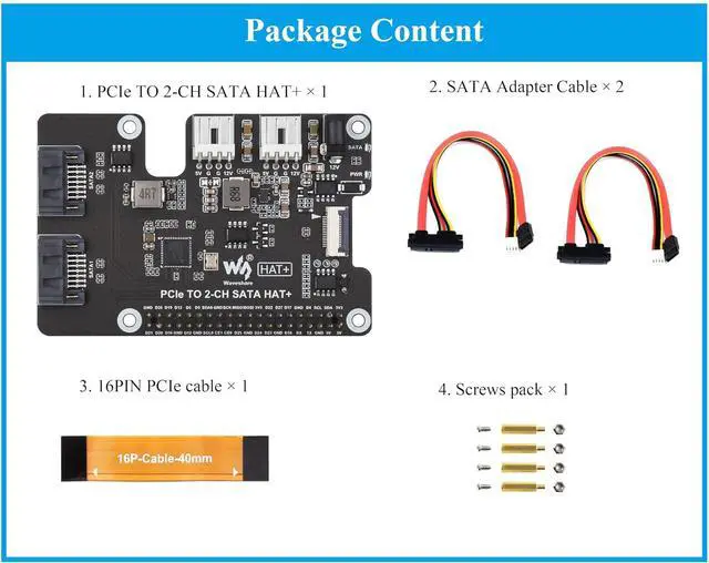 Alt view image 2 of 7 - PCIe to 2-CH SATA Adapter Compatible with Raspberry Pi 5,SATA 3.0, Onboard Dual LED Indicators and EEPROM, HAT + Standard, Driver-Free, Plug and Play