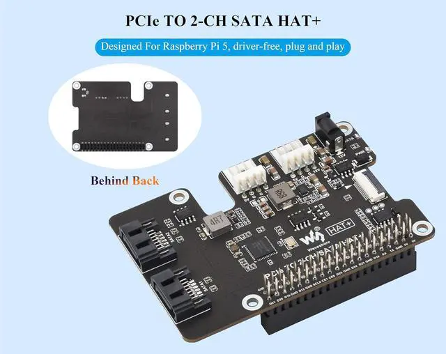 Alt view image 3 of 7 - PCIe to 2-CH SATA Adapter Compatible with Raspberry Pi 5,SATA 3.0, Onboard Dual LED Indicators and EEPROM, HAT + Standard, Driver-Free, Plug and Play