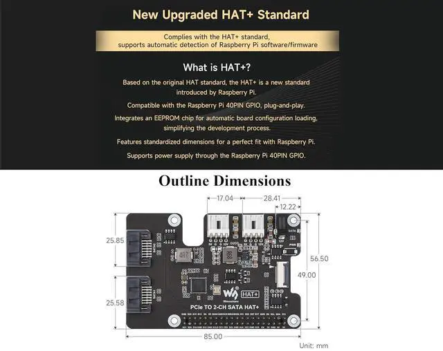 Alt view image 7 of 7 - PCIe to 2-CH SATA Adapter Compatible with Raspberry Pi 5,SATA 3.0, Onboard Dual LED Indicators and EEPROM, HAT + Standard, Driver-Free, Plug and Play