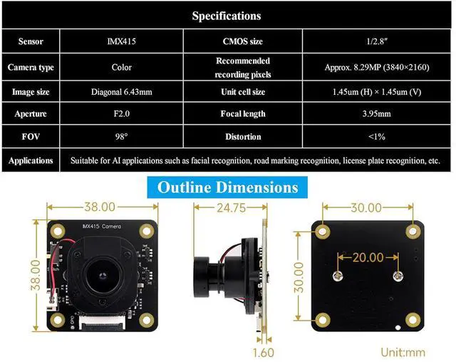 Alt view image 5 of 6 - IMX415-98 IR-Cut 8MP Camera IMX415 Sensor 98° FOV, Suitable for Face Recognition, Road Marking Recognition and License Plate Recognition AI Intelligent Applications, etc.