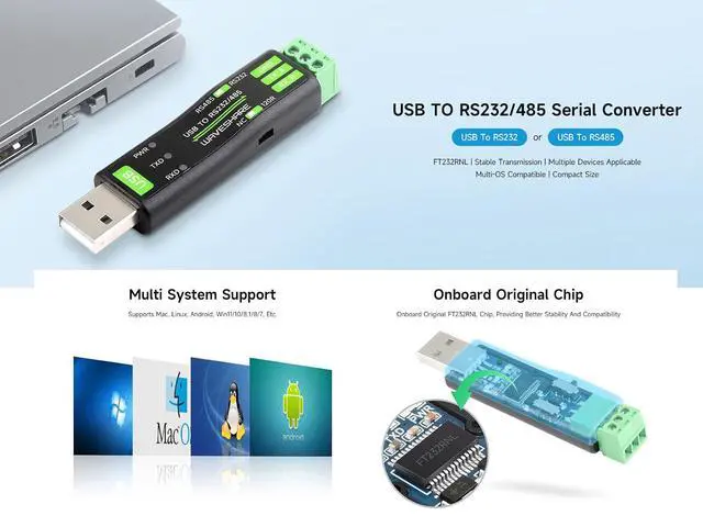 Alt view image 2 of 7 - USB to RS485 / RS232 Serial Converter Adapter Adopt Original FT232RNL Chip, Onboard TVS, Self-Recovery Fuse etc. Protection Circuits, Support Mac, Linux, Android, Win11/10/8.1/8/7 Multi-OS