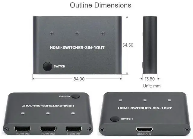 Alt view image 7 of 7 - HDMI Switch 4K/2K (YCbCr420)@60Hz and 4K/2K@30Hz Splitter HDMI Switcher 3 in 1 Out, One-Click Switch, Supports Raspberry Pi, PC, Smartphone, Game Console