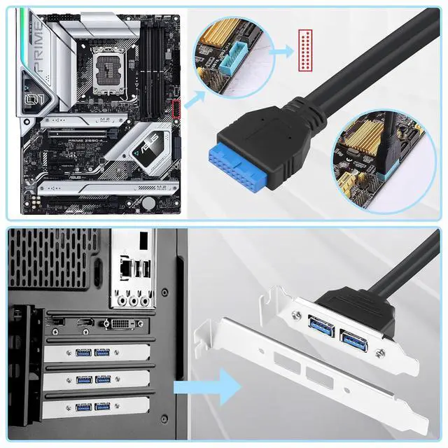 Alt view image 5 of 7 - USB 3.0 Rear Panel Bracket Expansion Cable, 20P-19PIN to Dual USB 3.0 Port Plate with Cable Management, High/Low Profile Bracket for Desktop PC Motherboard