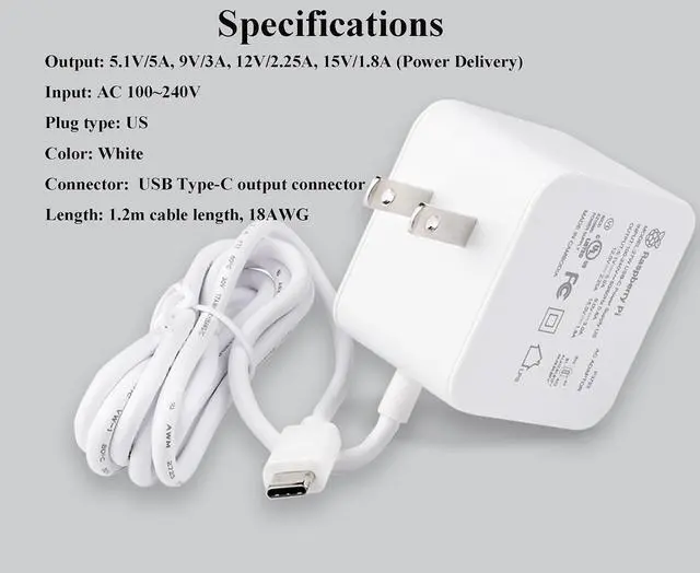 Alt view image 2 of 5 - Official 27W USB Type-C Power Supply for Raspberry Pi 5, 1.2m Cable Length, 18AWG (US Plug, White)