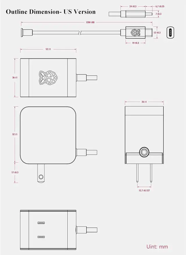 Alt view image 5 of 5 - Official 27W USB Type-C Power Supply for Raspberry Pi 5, 1.2m Cable Length, 18AWG (US Plug, White)