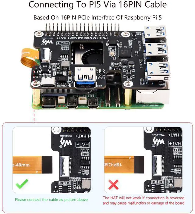 Alt view image 3 of 7 - PCIe to USB 3.2 Gen1 HAT for Raspberry Pi 5, PCIe to USB HUB, Extends The PCIe Interface to 4X High Speed USB 3.2 Gen1 Ports Driver-Free Plug and Play HAT + Standard