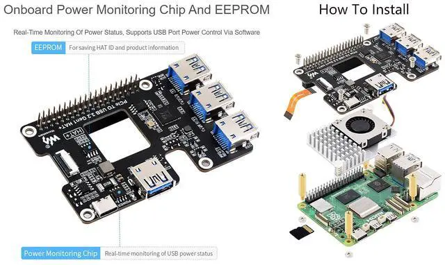 Alt view image 5 of 7 - PCIe to USB 3.2 Gen1 HAT for Raspberry Pi 5, PCIe to USB HUB, Extends The PCIe Interface to 4X High Speed USB 3.2 Gen1 Ports Driver-Free Plug and Play HAT + Standard