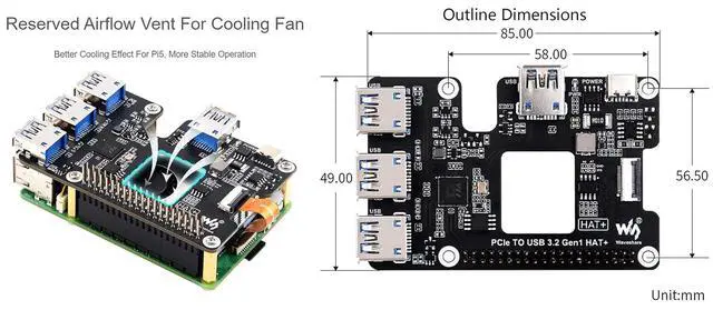 Alt view image 6 of 7 - PCIe to USB 3.2 Gen1 HAT for Raspberry Pi 5, PCIe to USB HUB, Extends The PCIe Interface to 4X High Speed USB 3.2 Gen1 Ports Driver-Free Plug and Play HAT + Standard