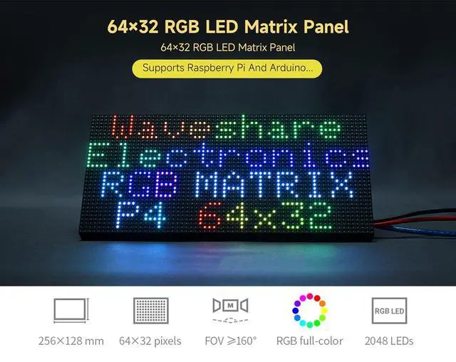 Alt view image 2 of 6 - 2048 RGB Full-Color LED Matrix Panel, 4mm Pitch, 64×32 Pixels, Compatible with Raspberry Pi 5/4B/Zero 2W/Zero/Pico 2W /Pico, Support Adjustable Brightness, Chainable, Displaying Text, Animation
