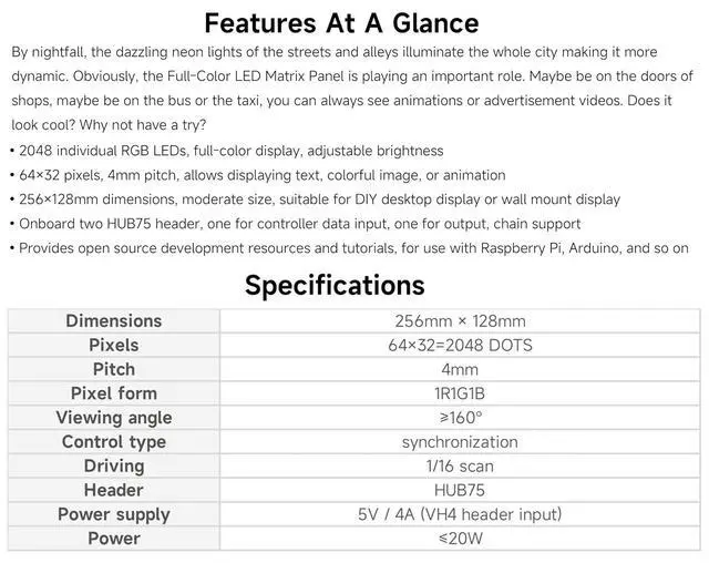 Alt view image 3 of 6 - 2048 RGB Full-Color LED Matrix Panel, 4mm Pitch, 64×32 Pixels, Compatible with Raspberry Pi 5/4B/Zero 2W/Zero/Pico 2W /Pico, Support Adjustable Brightness, Chainable, Displaying Text, Animation