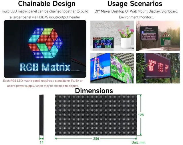 Alt view image 5 of 6 - 2048 RGB Full-Color LED Matrix Panel, 4mm Pitch, 64×32 Pixels, Compatible with Raspberry Pi 5/4B/Zero 2W/Zero/Pico 2W /Pico, Support Adjustable Brightness, Chainable, Displaying Text, Animation