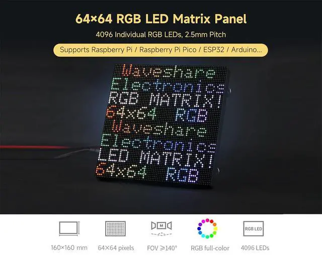 Alt view image 3 of 5 - 4096 RGB Full-Color LED Matrix Panel, 2.5mm Pitch, 64 × 64 Pixels, Compatible with Raspberry Pi 5/4B/Zero 2W/Zero/Pico 2W / ESP32, Support Adjustable Brightness, Chainable, Displaying Text, Animation