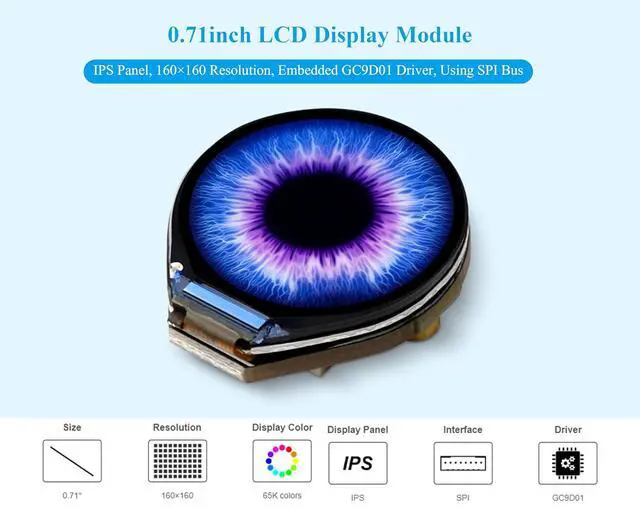 Alt view image 3 of 7 - 0.71inch Round LCD Display Module 160x160 Resolution SPI Interface 65K Colors IPS Panel Using SPI Bus, Compatible with Raspberry Pi Pico/Pi Pico 2/Pico 2 W/ ESP32