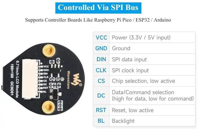 Alt view image 5 of 7 - 0.71inch Round LCD Display Module 160x160 Resolution SPI Interface 65K Colors IPS Panel Using SPI Bus, Compatible with Raspberry Pi Pico/Pi Pico 2/Pico 2 W/ ESP32