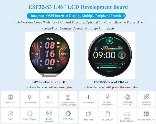 Alt view image 2 of 7 - ESP32-S3 1.46inch Round Touch Display Development Board, IPS Display Panel, 412×412 Pixel, Accelerometer and Gyroscope Sensor, Onboard Speaker and Microphone, ESP32 with Display, with Cover Glass