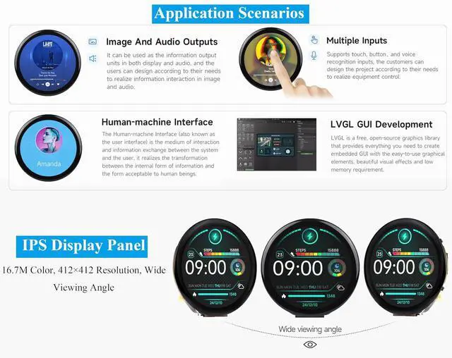 Alt view image 4 of 7 - ESP32-S3 1.46inch Round Touch Display Development Board, IPS Display Panel, 412×412 Pixel, Accelerometer and Gyroscope Sensor, Onboard Speaker and Microphone, ESP32 with Display, with Cover Glass