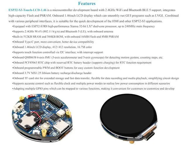 Alt view image 5 of 7 - ESP32-S3 1.46inch Round Touch Display Development Board, 412×412 Pixel IPS LCD, Accelerometer and Gyroscope Sensor, Onboard Speaker and Microphone, ESP32 with Display, Supports W-i-F-i & B LE