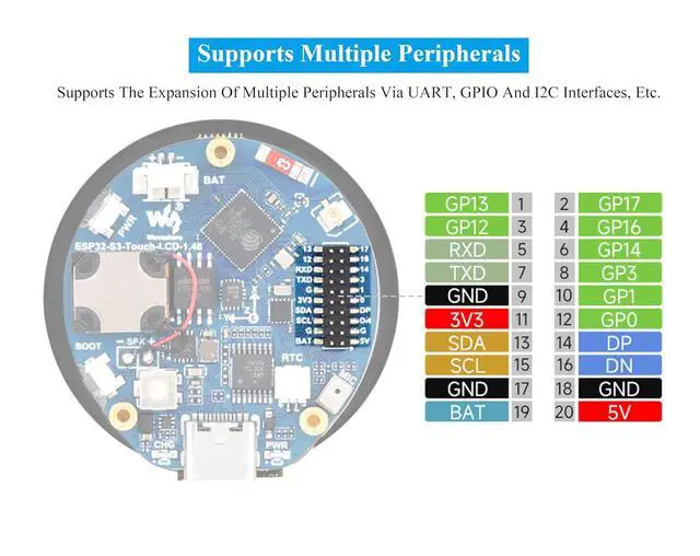 Alt view image 6 of 7 - ESP32-S3 1.46inch Round Touch Display Development Board, IPS Display Panel, 412×412 Pixel, Accelerometer and Gyroscope Sensor, Onboard Speaker and Microphone, ESP32 with Display, with Cover Glass