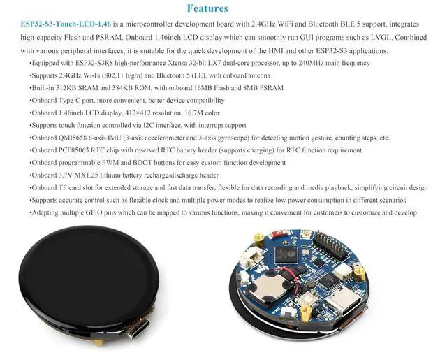 Alt view image 5 of 7 - ESP32-S3 1.46inch Round Touch Display Development Board, IPS Display Panel, 412×412 Pixel, Accelerometer and Gyroscope Sensor, Onboard Speaker and Microphone, ESP32 with Display, with Cover Glass