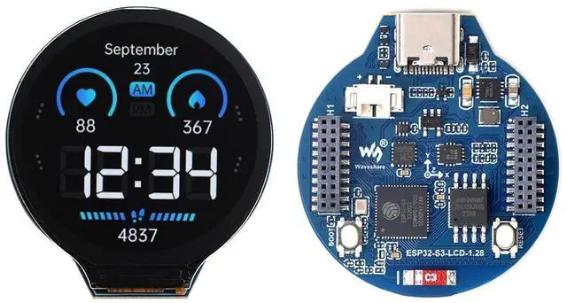 Main image of ESP32-S3 MCU Board with 1.28inch IPS Round LCD Display, Supports 2.4GHz Wi-Fi (802.11 b/g/n) and Bluetooth 5, 32-bit LX7 Dual-core Processor, 16MB Flash & 2MB PSRAM, Type-C Connector