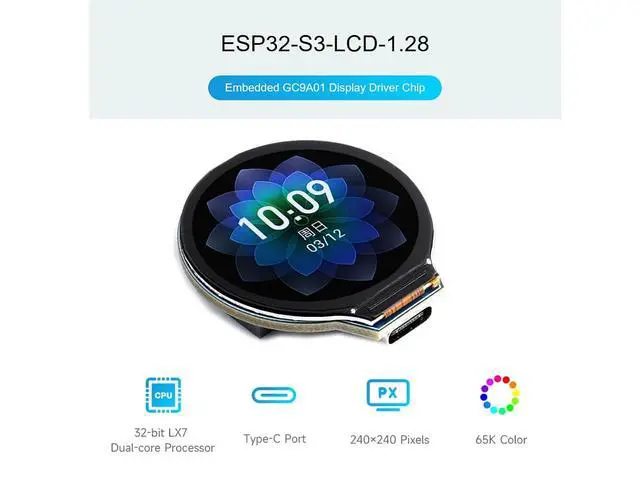 Alt view image 2 of 6 - ESP32-S3 MCU Board with 1.28inch IPS Round LCD Display, Supports 2.4GHz Wi-Fi (802.11 b/g/n) and Bluetooth 5, 32-bit LX7 Dual-core Processor, 16MB Flash & 2MB PSRAM, Type-C Connector