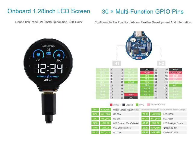 Alt view image 3 of 6 - ESP32-S3 MCU Board with 1.28inch IPS Round LCD Display, Supports 2.4GHz Wi-Fi (802.11 b/g/n) and Bluetooth 5, 32-bit LX7 Dual-core Processor, 16MB Flash & 2MB PSRAM, Type-C Connector
