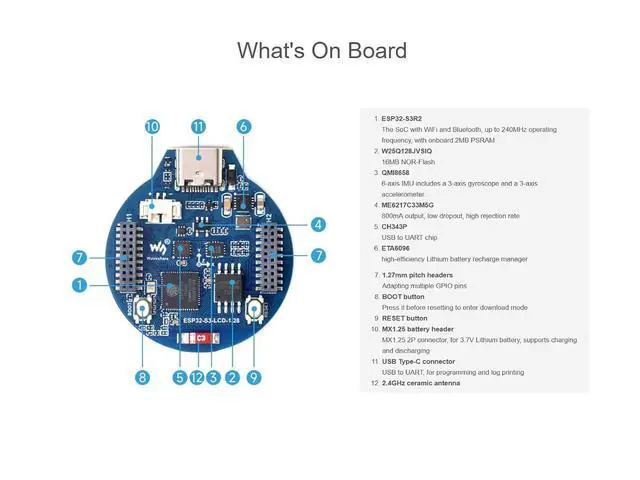 Alt view image 4 of 6 - ESP32-S3 MCU Board with 1.28inch IPS Round LCD Display, Supports 2.4GHz Wi-Fi (802.11 b/g/n) and Bluetooth 5, 32-bit LX7 Dual-core Processor, 16MB Flash & 2MB PSRAM, Type-C Connector