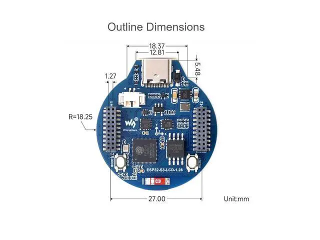 Alt view image 5 of 6 - ESP32-S3 MCU Board with 1.28inch IPS Round LCD Display, Supports 2.4GHz Wi-Fi (802.11 b/g/n) and Bluetooth 5, 32-bit LX7 Dual-core Processor, 16MB Flash & 2MB PSRAM, Type-C Connector