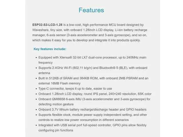 Alt view image 6 of 6 - ESP32-S3 MCU Board with 1.28inch IPS Round LCD Display, Supports 2.4GHz Wi-Fi (802.11 b/g/n) and Bluetooth 5, 32-bit LX7 Dual-core Processor, 16MB Flash & 2MB PSRAM, Type-C Connector