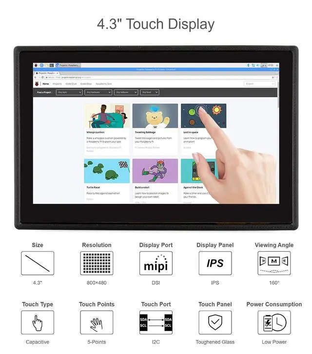 Alt view image 2 of 7 - 4.3 Inch Touch Screen DSI LCD with Case for Raspberry Pi 4B, 800×480 Resolution Monitor IPS Capacitive Screen Support Raspbian/Ubuntu/Kali/Retropie/WIN10 IoT