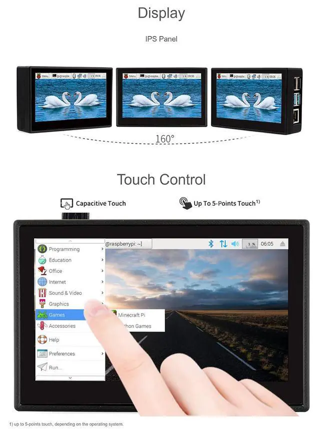 Alt view image 4 of 7 - 4.3 Inch Touch Screen DSI LCD with Case for Raspberry Pi 4B, 800×480 Resolution Monitor IPS Capacitive Screen Support Raspbian/Ubuntu/Kali/Retropie/WIN10 IoT