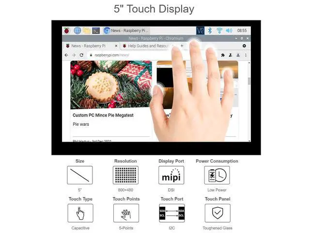 Alt view image 2 of 7 - 5 Inch Touch Screen for Raspberry Pi DSI LCD Screen Monitor 800×480 Display for Raspberry Pi 4B 3B+ 3A+ 3B 2B B+ A+ CM3/3+ Compatible with Raspbian Ubuntu Kali WIN10 IoT RetroPie