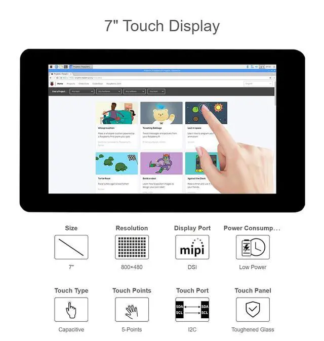 Alt view image 2 of 7 - 7 Inch DSI LCD Touch Screen 800×480 Monitor for Raspberry Pi 4B/3B+/3A+/3B/2B/B+/A+, Capacitive TFT Display Module Tempered Glass, Up to 5 Touch Points, Adjustable Brightness