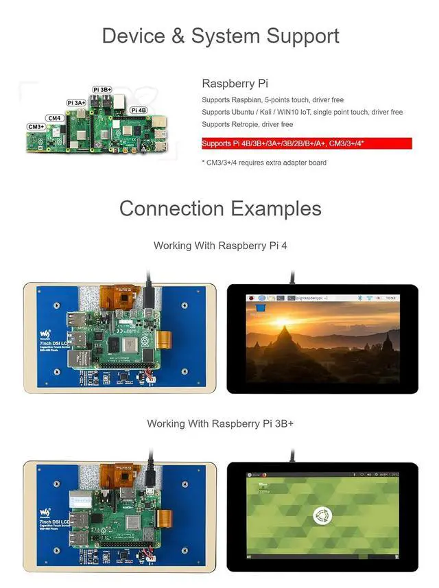 Alt view image 3 of 7 - 7 Inch DSI LCD Touch Screen 800×480 Monitor for Raspberry Pi 4B/3B+/3A+/3B/2B/B+/A+, Capacitive TFT Display Module Tempered Glass, Up to 5 Touch Points, Adjustable Brightness