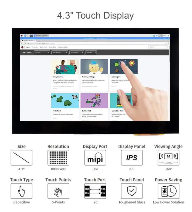 Alt view image 3 of 7 - 4.3 Inch DSI LCD Screen for Raspberry Pi 4B/3B+/3A+/3B/2B/B+/A+, Touch Screen 800×480 Monitor IPS Capacitive Screen with MIPI DSI Interface