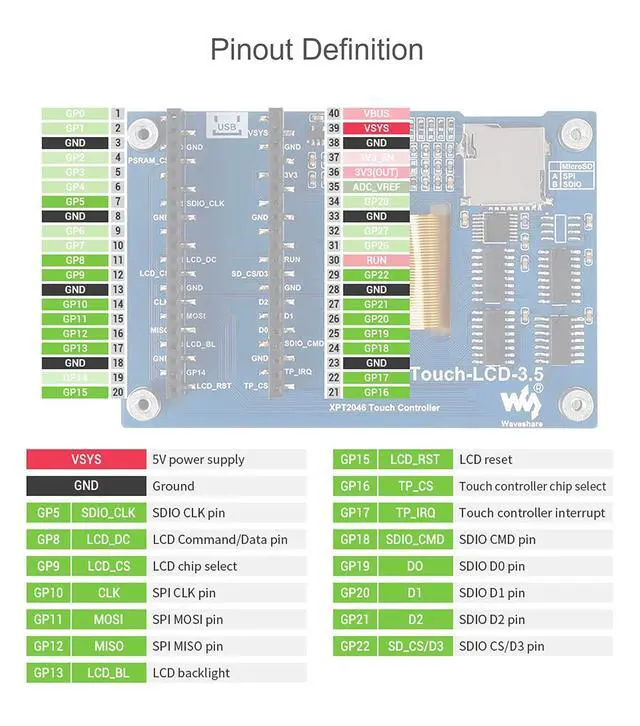 Alt view image 6 of 7 - 3.5 inch LCD Touch Display for Raspberry Pi Pico 480×320 Touchscreen 65K Colors IPS Display SPI Interface for Raspberry Pi Pico