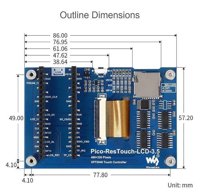 Alt view image 7 of 7 - 3.5 inch LCD Touch Display for Raspberry Pi Pico 480×320 Touchscreen 65K Colors IPS Display SPI Interface for Raspberry Pi Pico