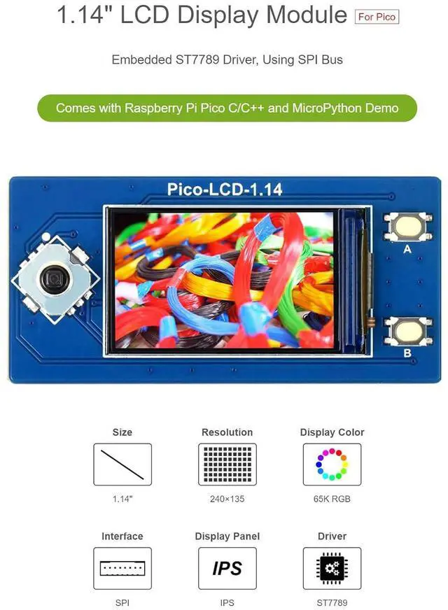 Alt view image 5 of 7 - waveshare 1.14inch LCD Display Module for Raspberry Pi Pico 65K RGB Colors 240×135 Pixels with SPI Interface Embedded ST7789 Driver Using SPI Bus IPS Screen
