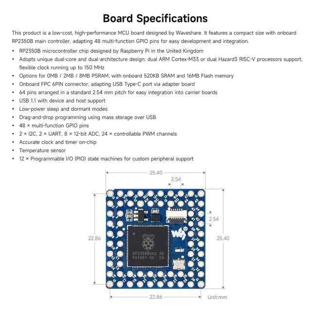 Alt view image 5 of 7 - Core2350B Core Board, Based On Raspberry Pi RP2350B Dual-core & Dual-Architecture Microcontroller, Operating Frequency Up to 150MHz, 2MB PSRAM