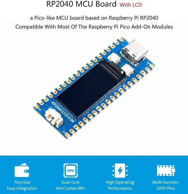 Alt view image 2 of 7 - RP2040 MCU Board with Pre-Soldered Header, Onboard 0.96inch 160x80 IPS LCD Display, Pico-Like MCU Board Based on Raspberry Pi RP2040, Dual-Core Arm Cortex M0+ Processor