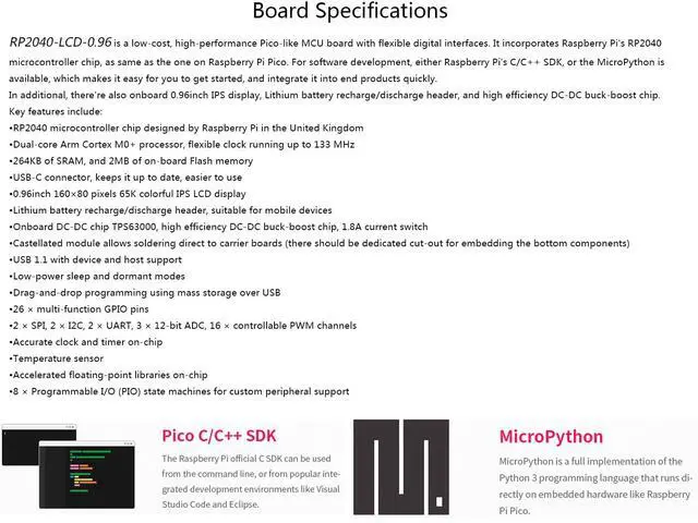 Alt view image 5 of 7 - RP2040 MCU Board with Pre-Soldered Header, Onboard 0.96inch 160x80 IPS LCD Display, Pico-Like MCU Board Based on Raspberry Pi RP2040, Dual-Core Arm Cortex M0+ Processor