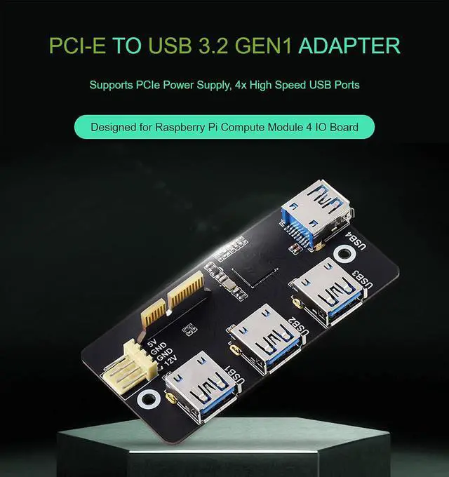 Alt view image 3 of 7 - PCI-E to USB 3.2 Expansion Card for Raspberry Pi Compute Module 4 IO Board, 4x USB 3.2 Gen1 Ports PCIe Adapter Card, PCI Express Converter Card Support Powered from PCIe 12V or 12V DC header