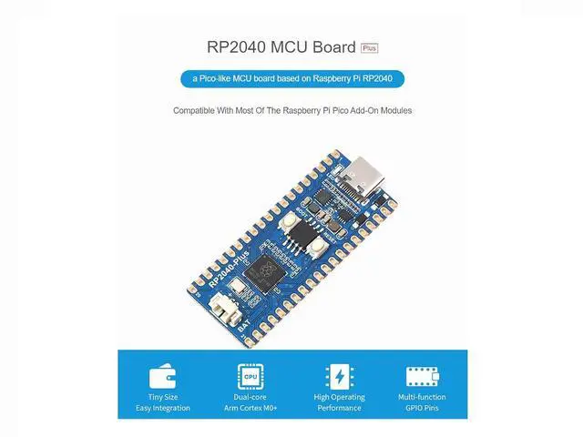 Alt view image 2 of 7 - RP2040-Plus Board, Pico-Like MCU Board Based on MCU RP2040, Dual-Core Arm Cortex M0+ Processor up to 133 MHz, Onboard 16MB Flash, USB-C Connector, Recharge Header, Higher Current DC-DC Chip